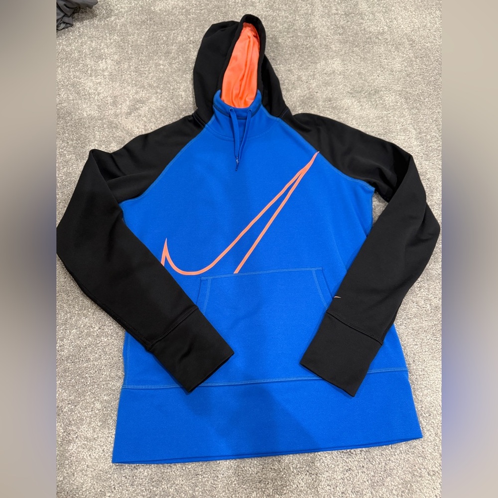 Nike Women’s Medium Blue and Black Hoodie with Orange Swoosh
